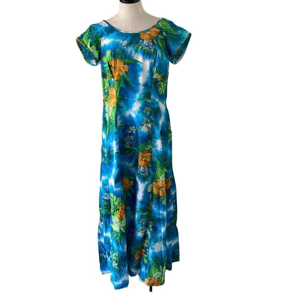 Paradise Hawaii Vintage Womens Dress Size M Blue Floral Maxi Pure Cotton New